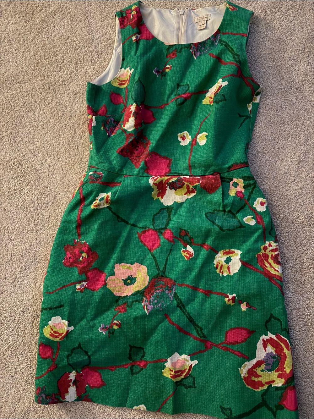 J. Crew Green Floral Sheath Dress with Pink and Yellow Blooms
